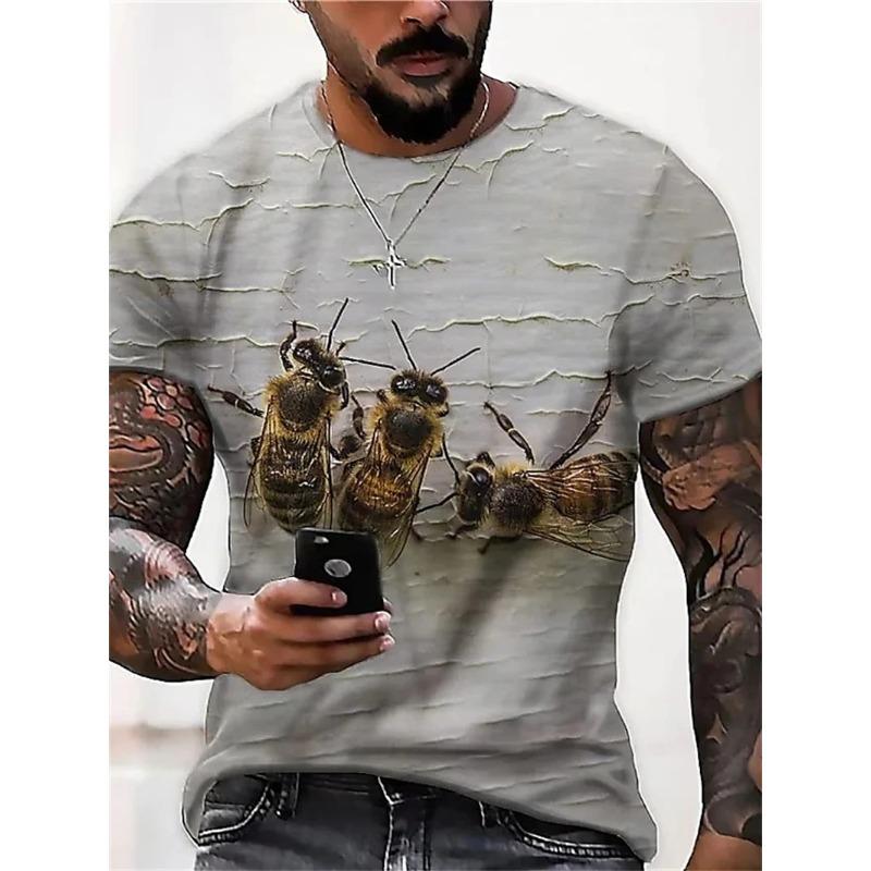 Summer Round Neck Cute Bee Pattern 3D Print Top Fashionable Casual Short Sleeved Men's T-shirts