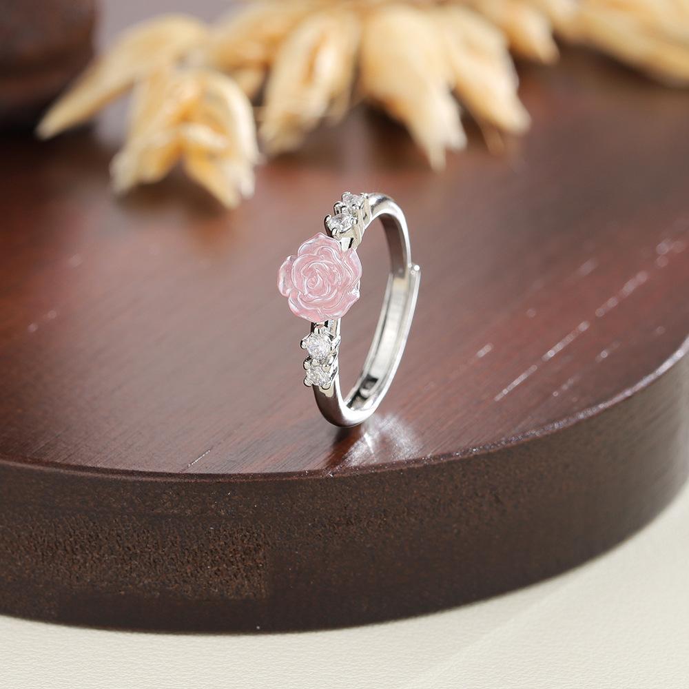 PONYKISS Silver Plating Zircon Rose Camellia Flower Adjustable Rings for Women Romantic Fashion Minimalist Accessories