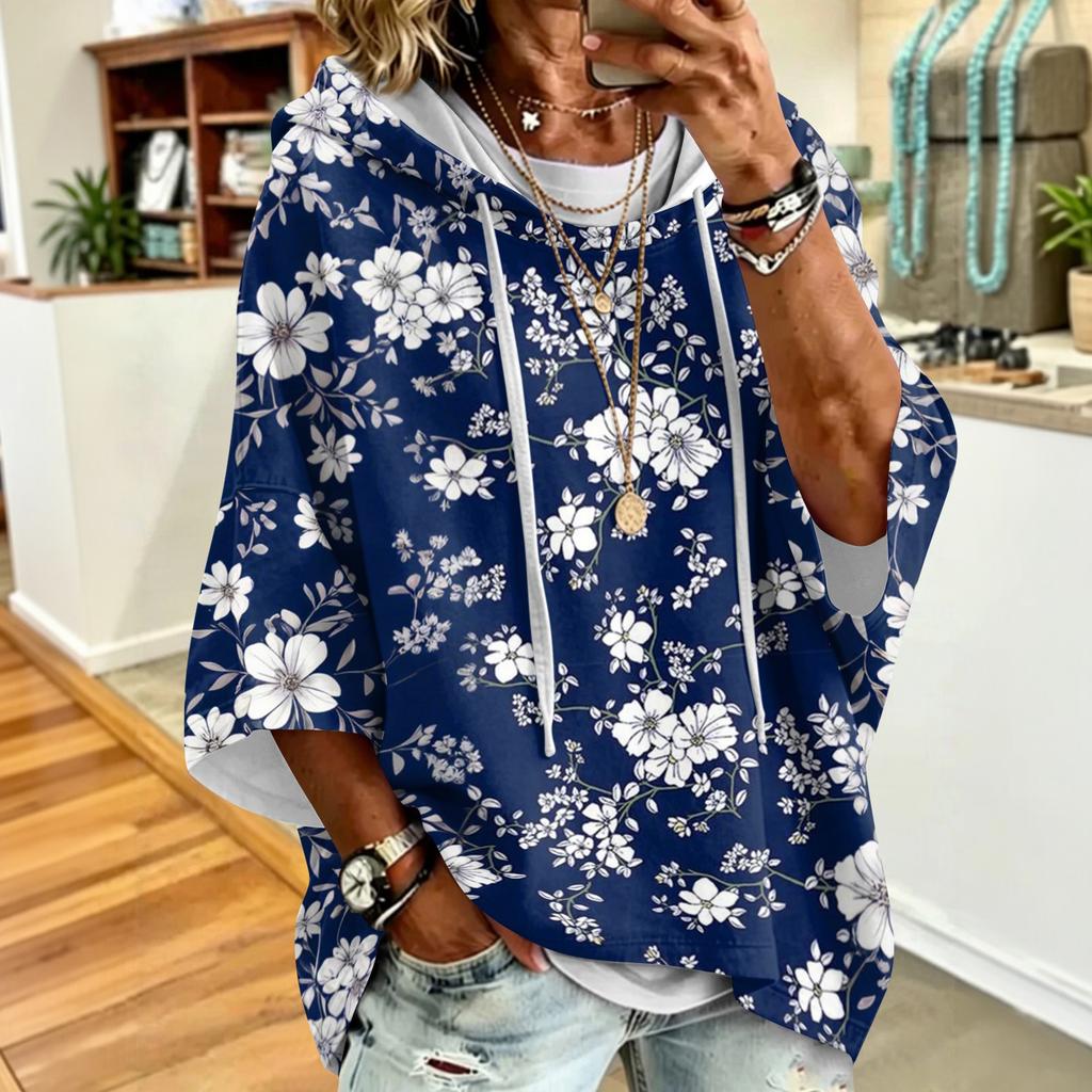Women's Drawstring Hoodie Retro Floral Print Loose Fit Casual Sweatshirt