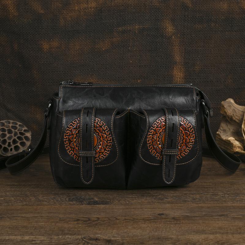 

Johnature Vintage Embossed Crossbody Bag Handmade Spliced Leather Versatile Women s Shoulder Bag чёрный