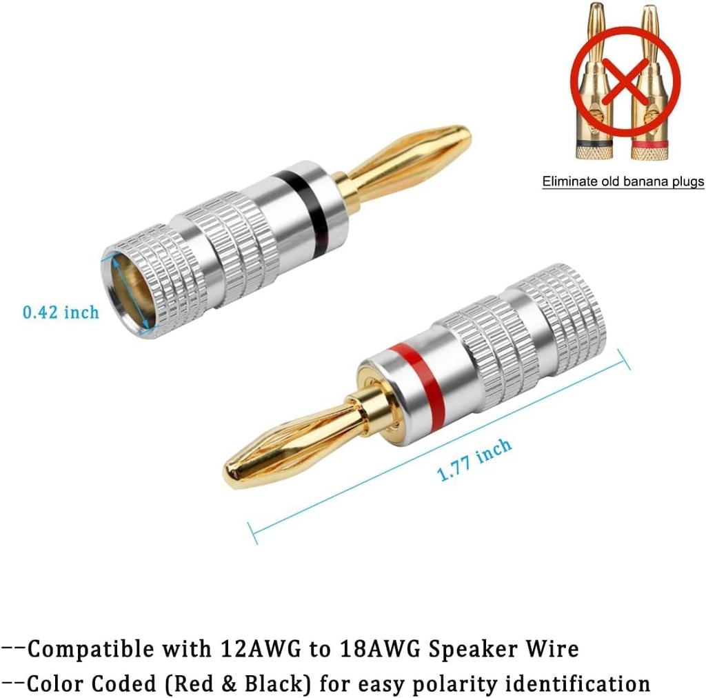 Banana Plugs 2 Pair/ 4 Pcs, 24K Gold Plated Dual Screws Jack Connectors for Amplifier, Speakers, Receiver