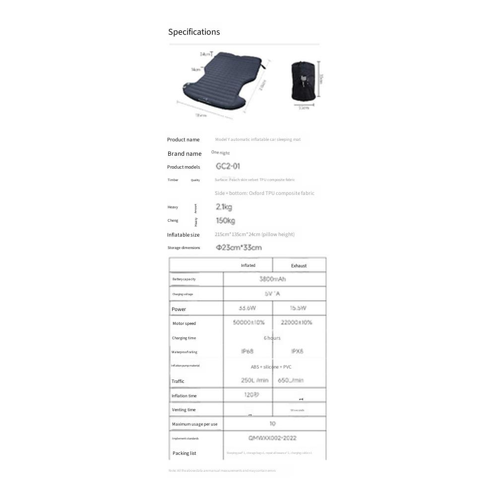 YISU Automatic Inflatable Car Sleeping Mattress for Tesla Model‑Y Trunk Air Bed for Car Camping