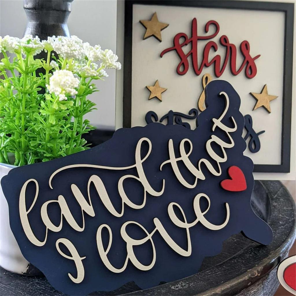 8 Pcs Patriotic Tiered Tray Decor Bundle Wood Signs Independence Day Signs American Star Decor Veterans Day Red White Blue Decorations For Inde