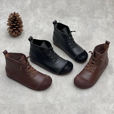 Natūralios odos batai Moteriški batai Elastinga juosta apvali, plokščia, rankų darbo glausta retro kulkšnies batai