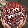 Vintage Christmas Wreath Metal Wall Art Burgundy Red Golden Holiday Decor Round Aluminum Sign Merry Christmas Home Office Party Decoration
