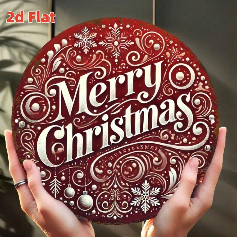 Vintage Christmas Wreath Metal Wall Art Burgundy Red Golden Holiday Decor Round Aluminum Sign Merry Christmas Home Office Party Decoration