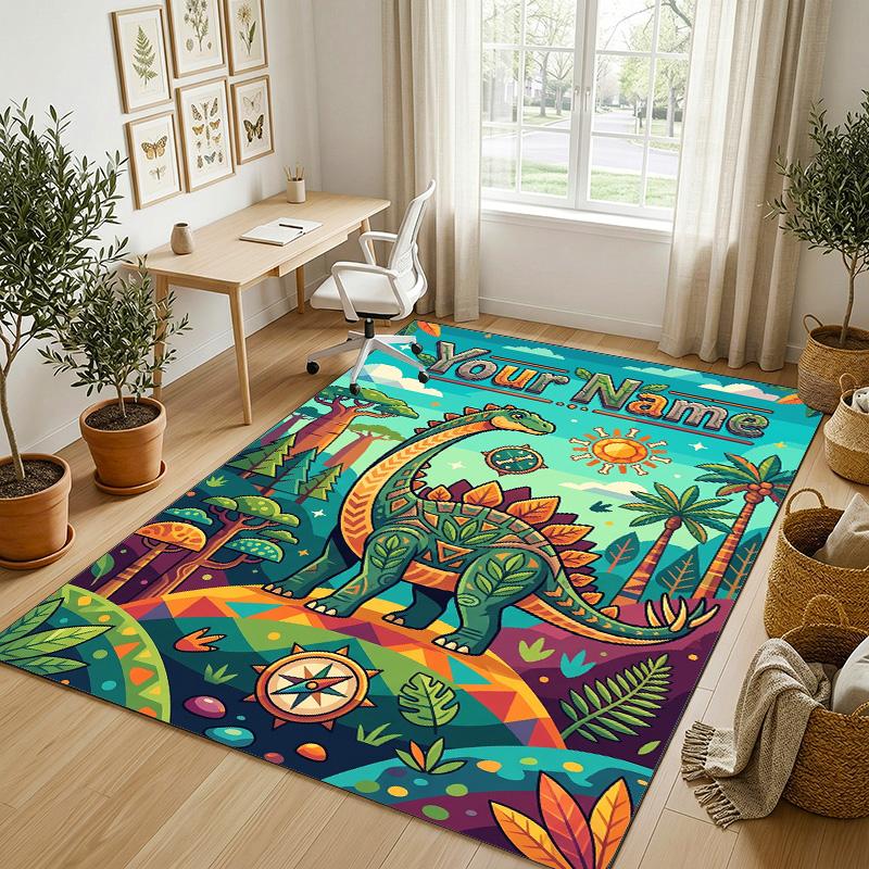 Dinosaur Theme Crystal Velvet Rug Personalized Custom Name Text Soft Floor Mat Home Decor