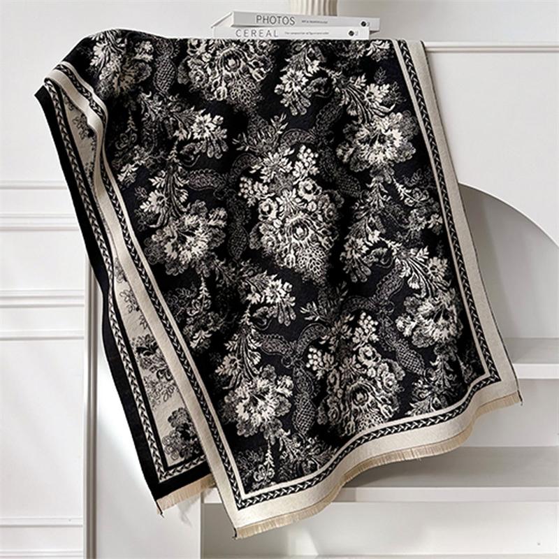 Winter Cashmere Scarf for Women Luxury Warm Shawl Floral Print Windproof Cape Pashmina Handerchief Designer Female Scarf