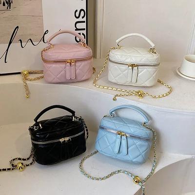 Luxury French Style Mini Chains Small Square Casual Simple Solid Checkered Design Crossbody Bag