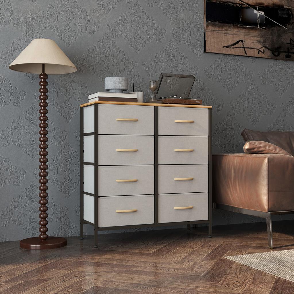 Fabric Chest of Drawers, Industrial Bedroom Dresser with 8 Fabric Drawers, Steel Frame and Wooden Top for Nursery, Living Room, Hallway, Cream White