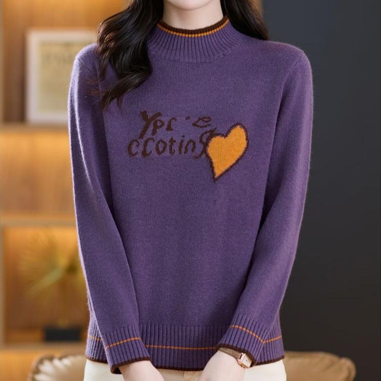 Women's Thickened Wool Sweater Autumn Winter Half-High Neck Printed Wool Sweater Loose Knit Pullover Top