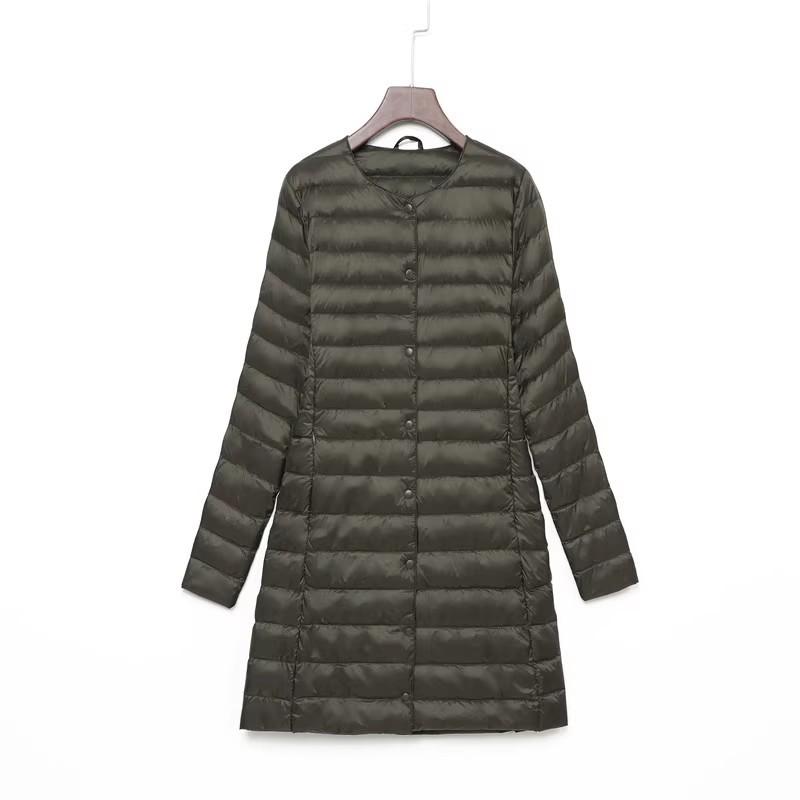 New down jacket women's light, medium and long fashion and thin white duck down button-down round neck warm jacket