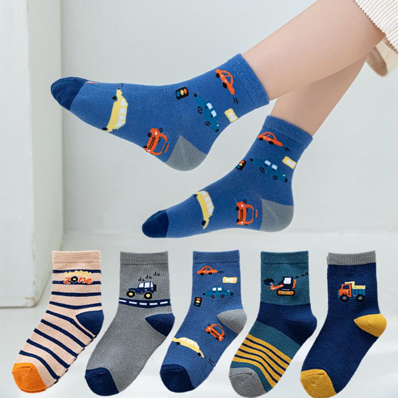Children's Cartoon Mid-Calf Socks - 5 Pairs for Boys and Girls (Spring, Autumn, Winter)
