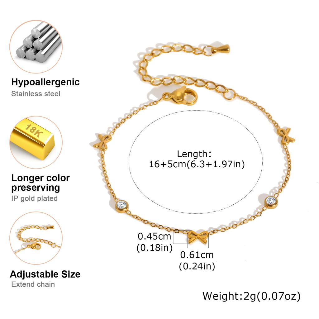 Dainty Bowknot Zircon Chain Bracelet for Women, Gold Plated Stainless Steel Thin Chain Charm Bracelet, Trendy Jewelry Party Gift