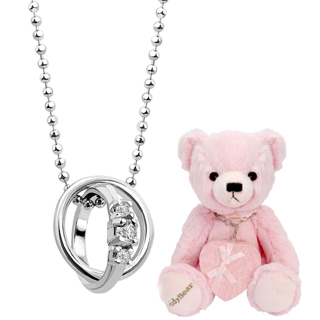Sears Double Ring Top Necklace with Diamond and Silver and Pink Teddy Bear April Women's Birthstone, Design, Birthstone, DR-66-TDT-01-P04