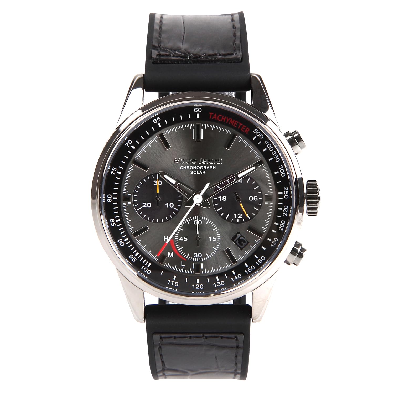 

[Мауро Джерарди] Мужские солнечные часы-хронограф, водонепроницаемость до 10 АТМ, силиконовый и черный ремешок из воловьей кожи (MJ063-1/Черный)
