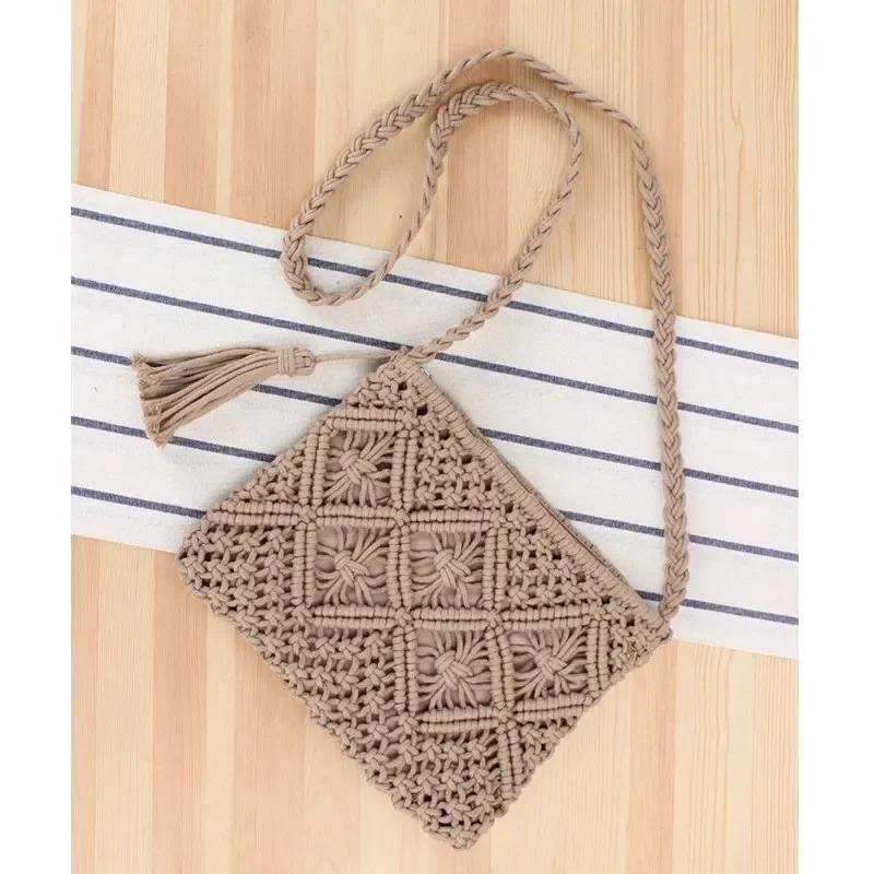 1 Pcs Woven Bag With Crossbody Cotton Thread Tassel Artistic Style Japanese And Korean Style Beach Bag Vacation Travel Bag