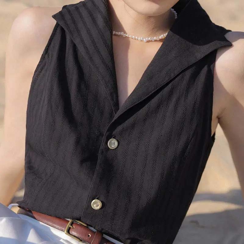 

Летняя французская камзола без рукавов, женская блузка с лацканами и V-образным вырезом, нишевый темпераментный шифоновый топ, классическая рубашка на пуговицах, сплошной цвет, простой топ на бретелях M чёрный
