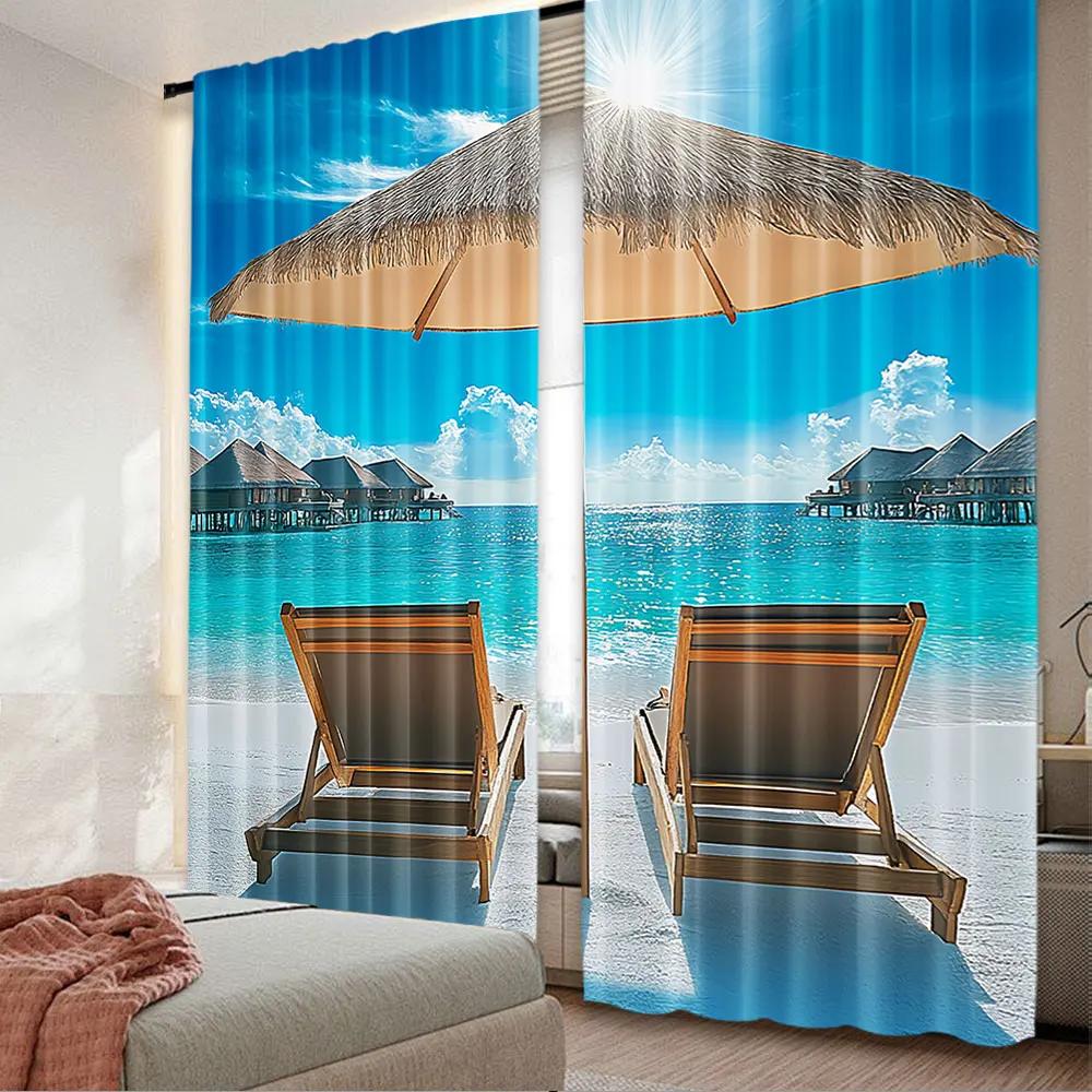 2Pcs Beach Curtain Maldives Scenic Seaside View Sunbeds Under Umbrella Romantic Honeymoon Theme