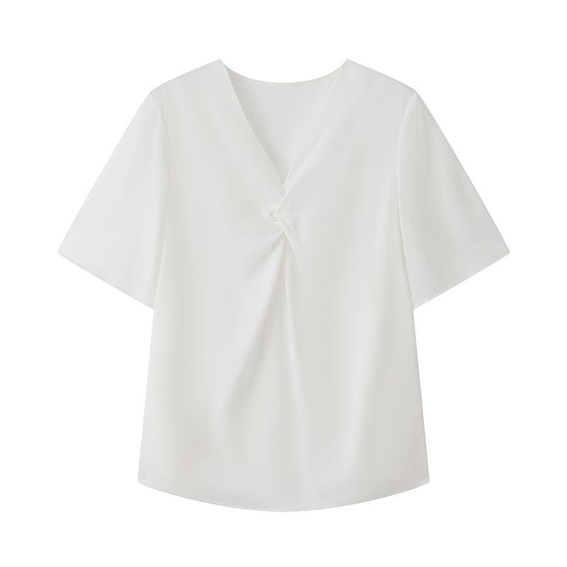 

Jacoobs Pink Satin Short-Sleeved Shirt Women s Chest Kinked Tops Scheming Design Gentle Sweet All-Matching Pearl White M