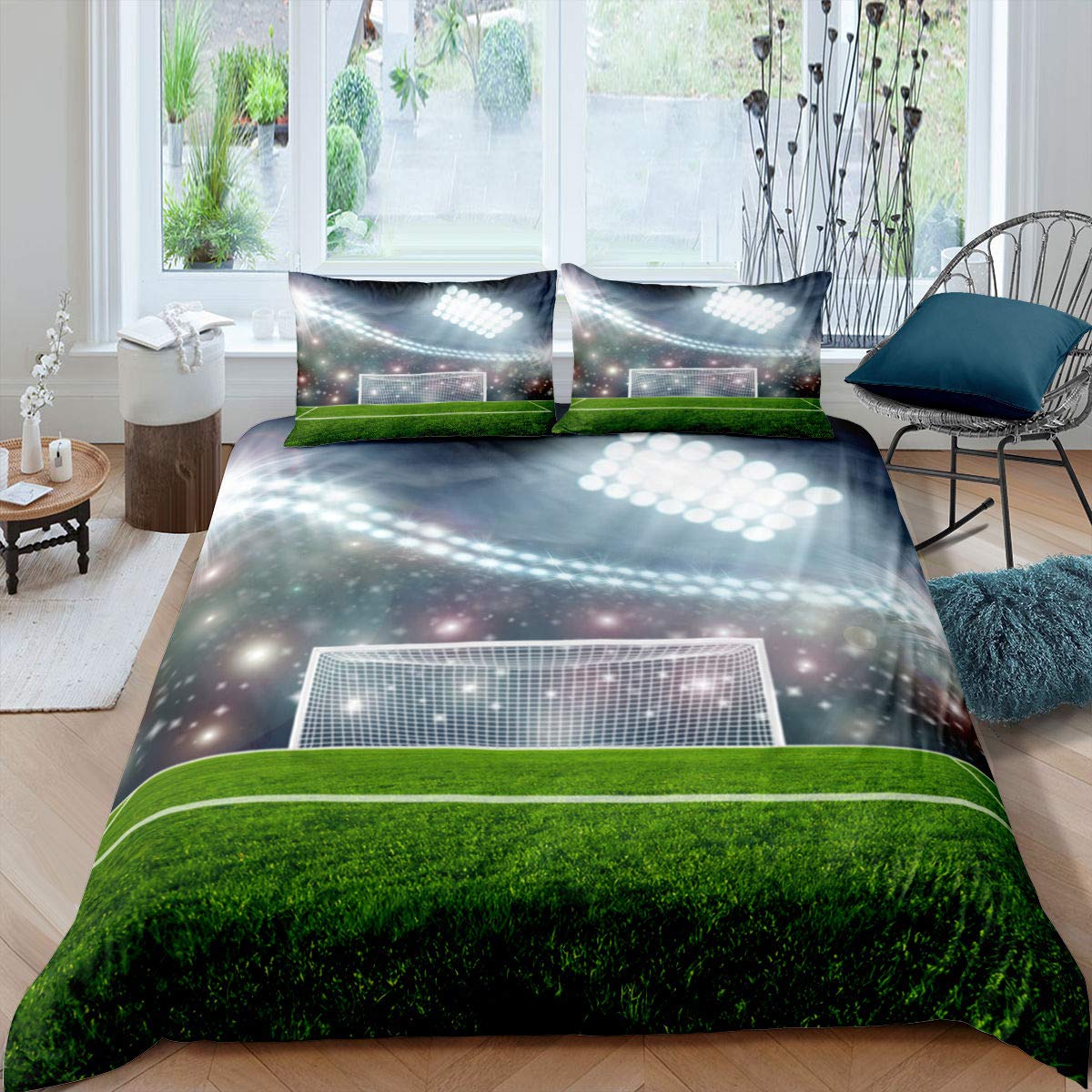 

Green Football Field King Queen Підодіяльник Футбольне поле Підодіяльник Хлопчики Чоловіки Спортивні ігри Комплект постільної білизни Поліестерова ковдра EU Single 135x200cm