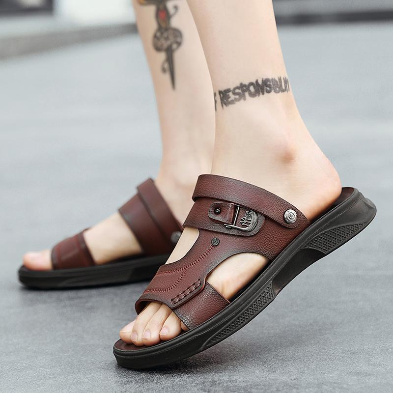 Classic Men's Fashion Sandals Summer Breathable Non-slip Outdoor Slippers PU Soft Bottom Beach Shoes Retro Men's Flip Flops