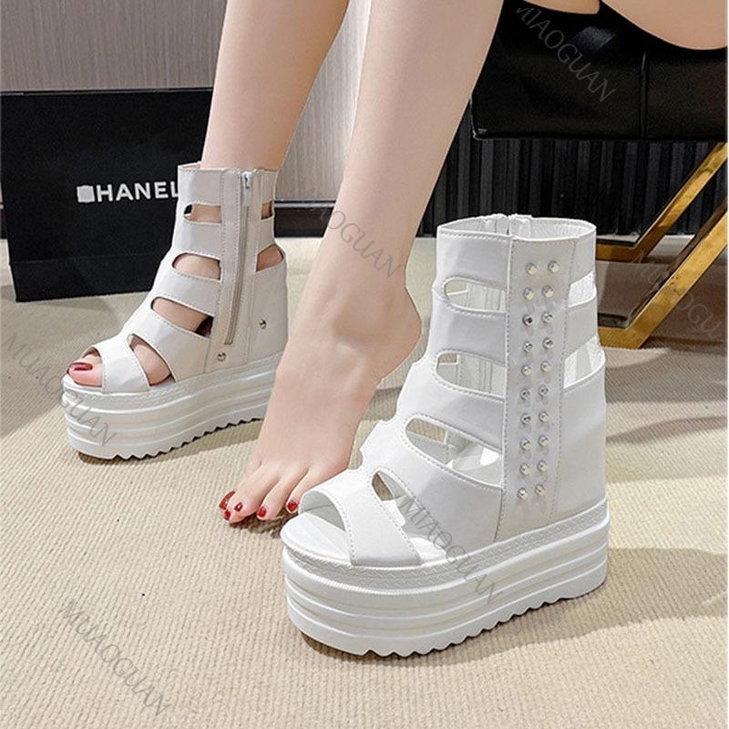 Fashion Fashion Women's Roman Sandals Summer Ultra High Heel Wedge Platform Shoes Side Zip Open Toes Solid Color Sexy Sandalias De Mujer