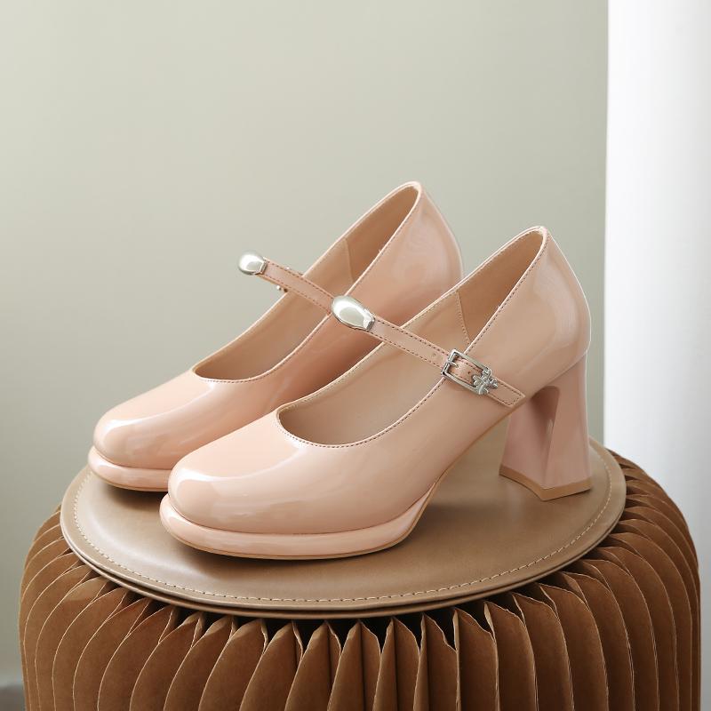 Genuine Leather Mary Jane High Heel Shoes Women's Chunky Heel Slip-On Elegant Mouth Mini Leather Shoes round Toe Rubber Sole