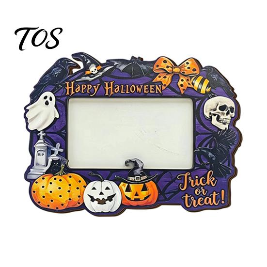 Indoor Holiday Table Decor Halloween Wooden Photo Frame, Pumpkin Ghost Cat Cutout Picture Autumn Tabletop Decoration Holder, Double-sided for