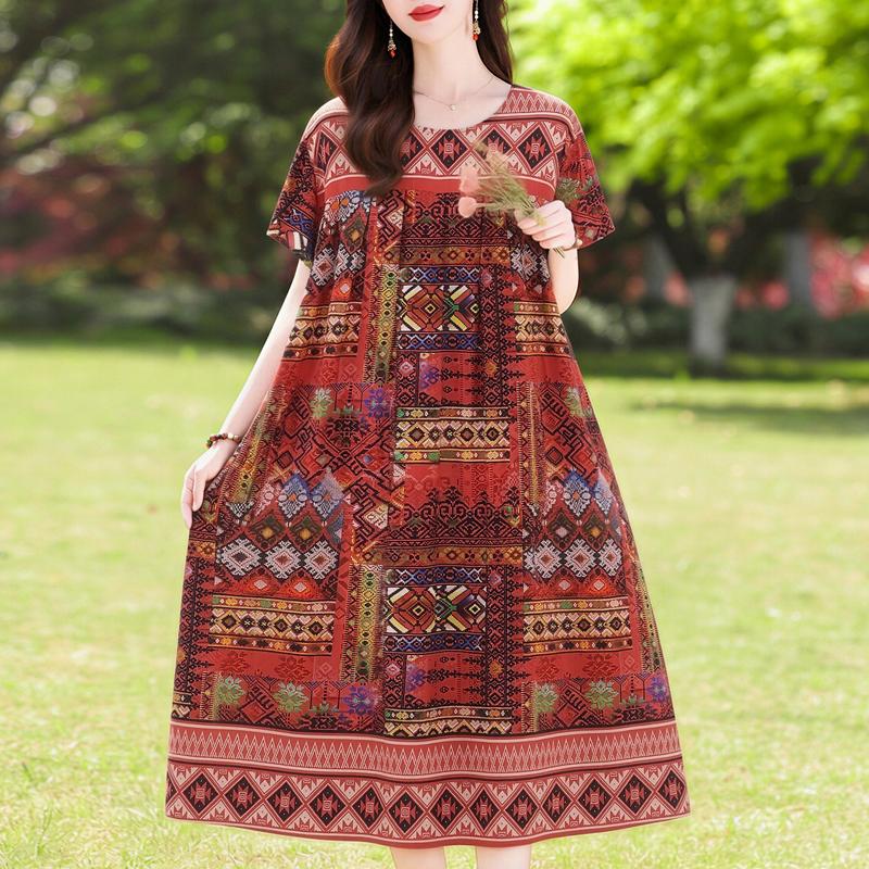 Μεγάλο μέγεθος Φαρδύ Vintage Print Μακρύ Φόρεμα για Γυναικεία Casual κοντομάνικα καλοκαιρινά γυναικεία φορέματα