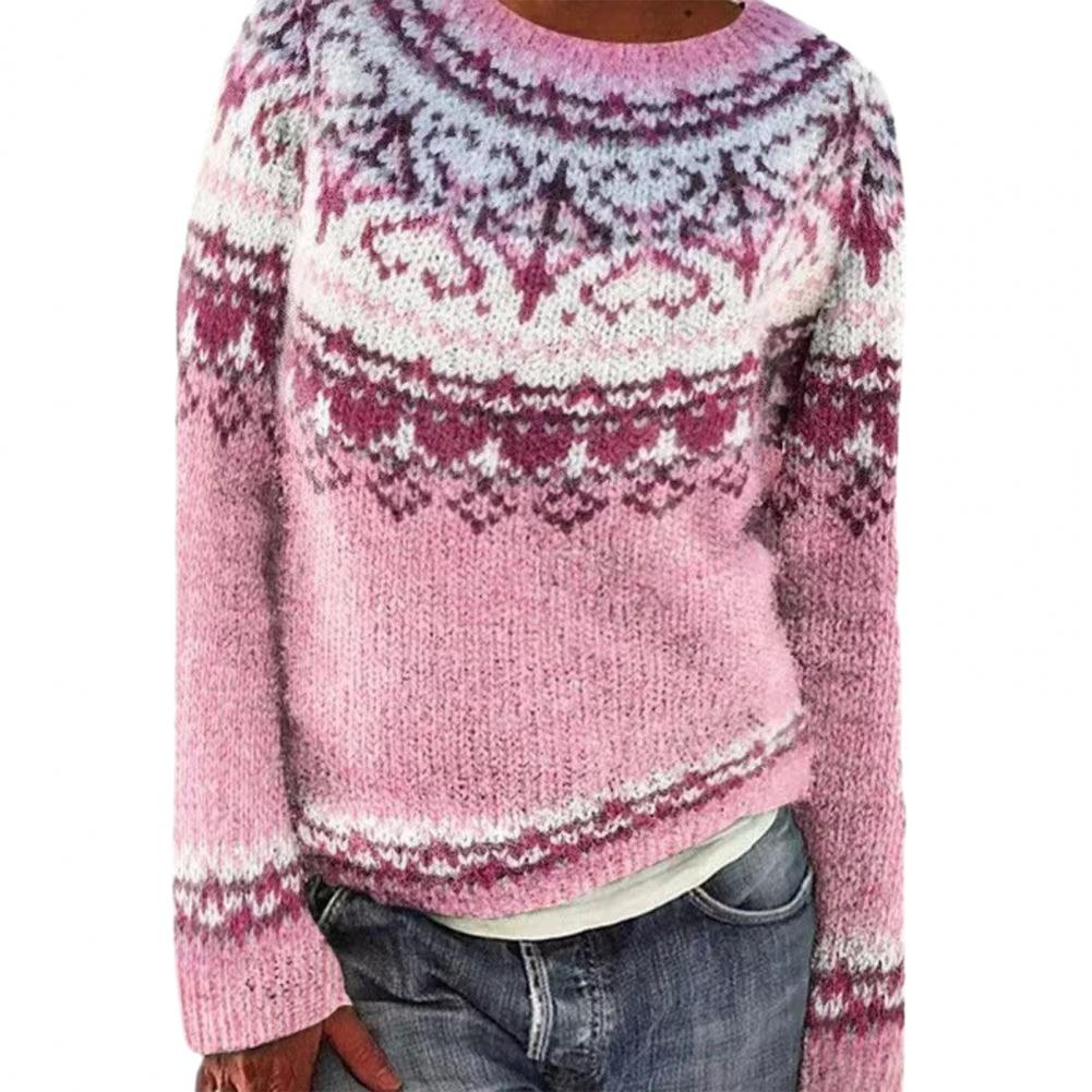 Knitted Sweater Geometric Pattern Patchwork Women's Sweater O-neck Long Sleeve Loose Fit Crochet Top in Color Knitting Style
