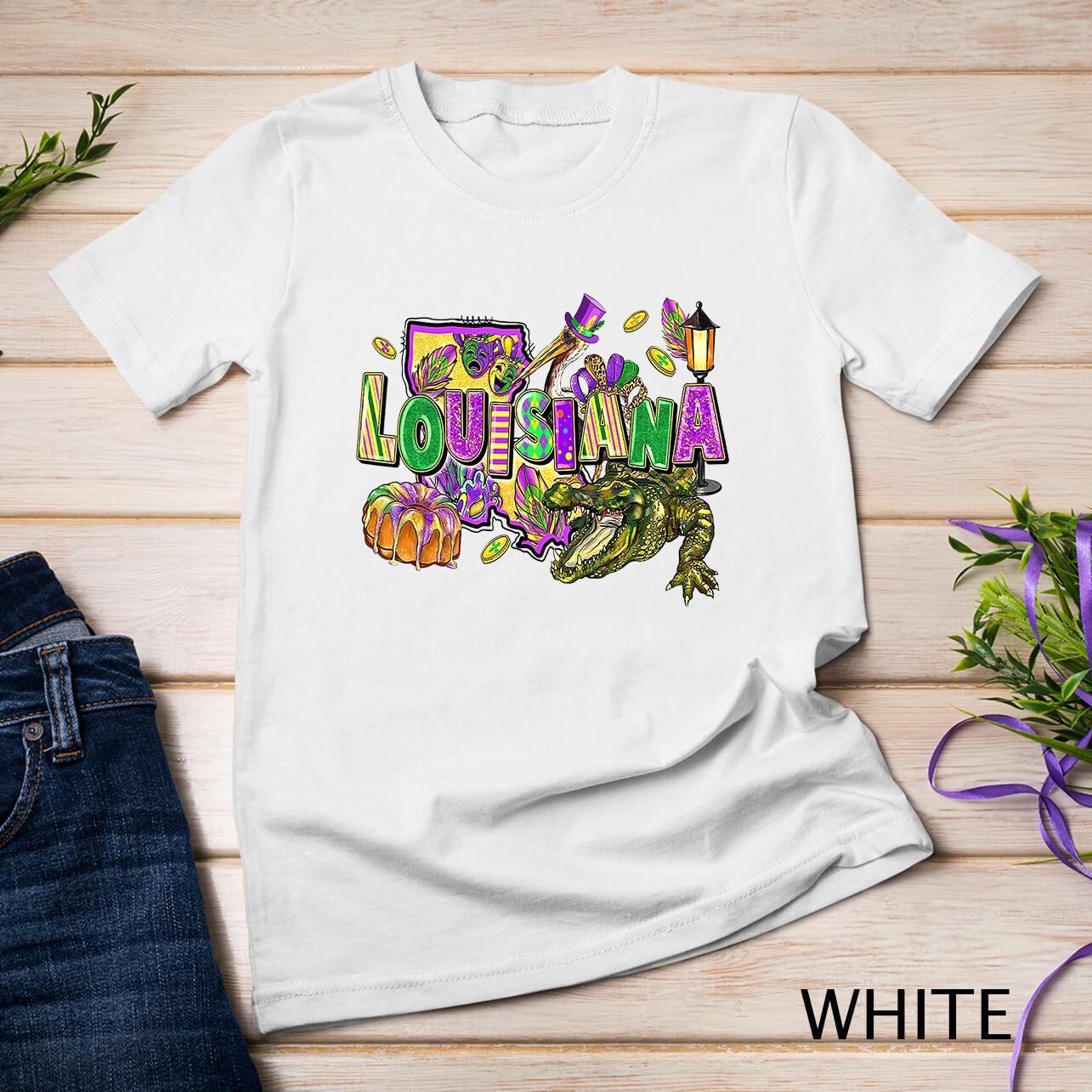 Funny Mardi Gras Louisiana Crawfish Crocodile Pelican Unisex T-Shirt Mens Womens Tees Top XL