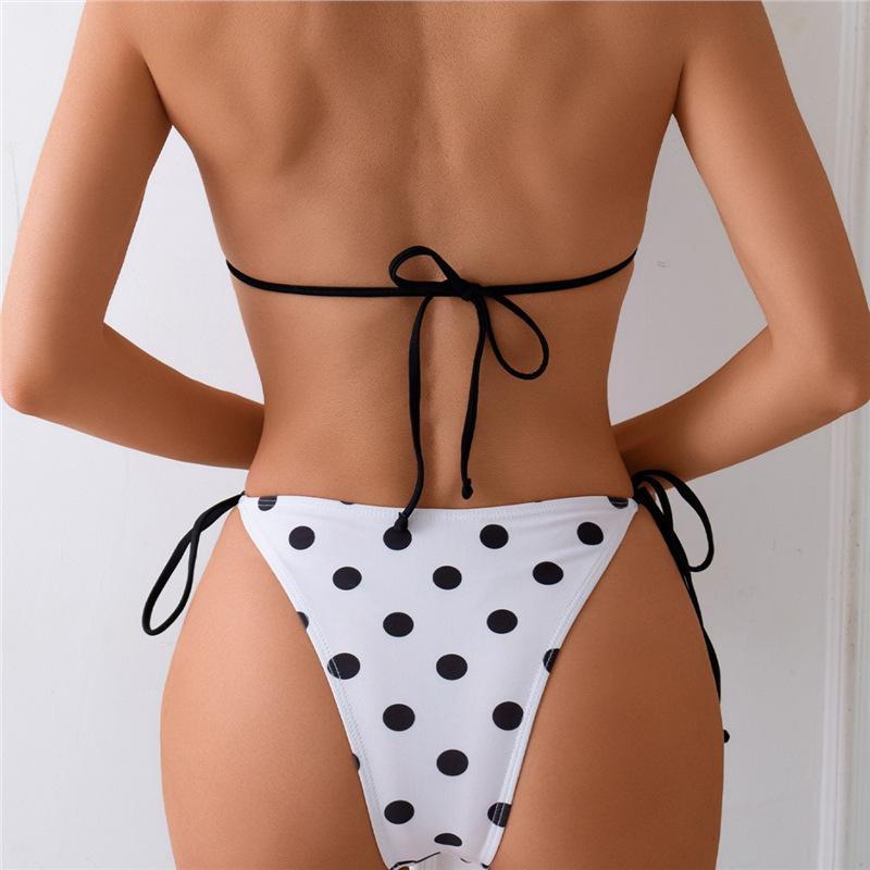 Retro-Bikini mit Punkten, trägerlos, am Hals hängend, niedrige Brust, separater Badeanzug für Damen, Strandurlaub, Bademode