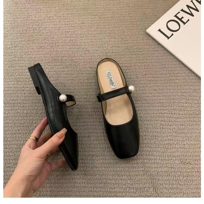 Fashion Women Slippers Fashion Flats Brand Design Square Toe Ballet Casual Basic Buckle Strap Female Dress Spring Autumn Pearl Shoes