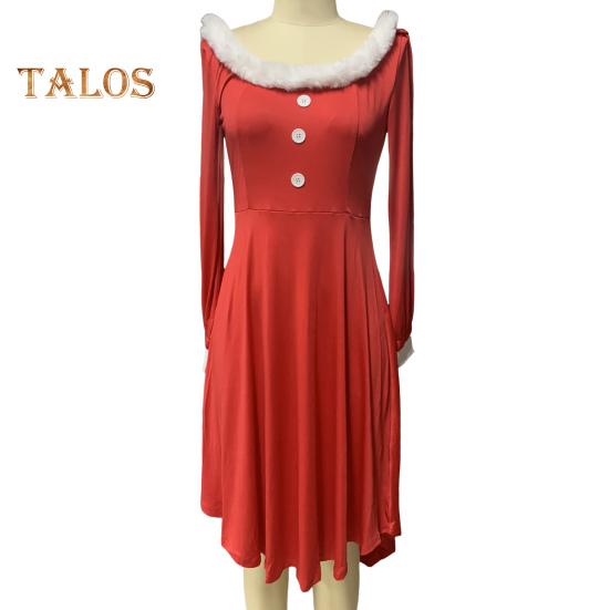 Christmas Performance Dress Fluffy Square Neck Pure Color A Line Irregular Hem Button Decor Festive Stage Show Santa Cosplay Costume New Year Party