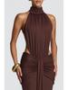 European-American Elegant Halterneck Pleated Slim Gown - Sexy Backless Long Dress