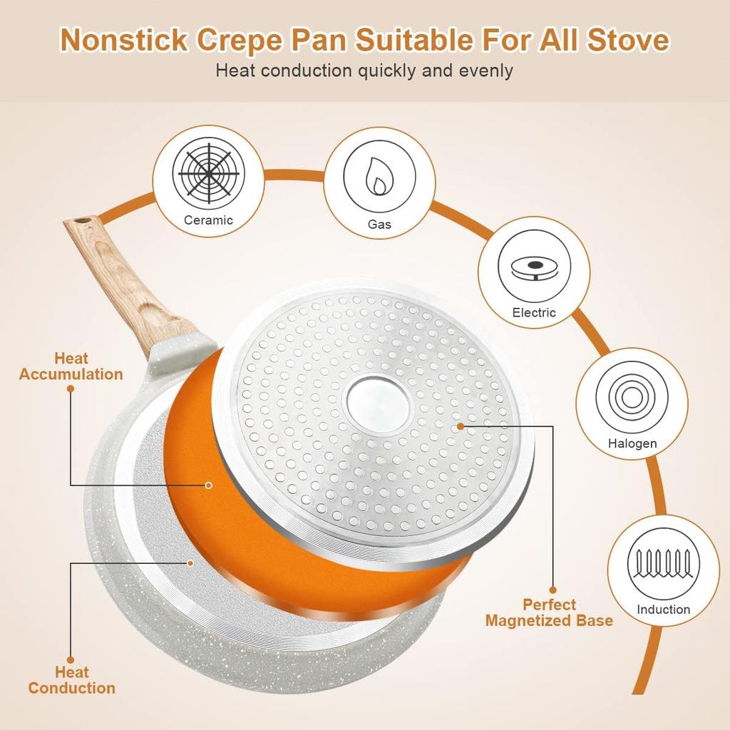 Nonstick Crepe Pan with Spreader, 8 Inch Flat Pan for Roti Indian Griddle Pan Dosa Pan, Tawa Dosa Tortilla Pan Induction Compatible - White