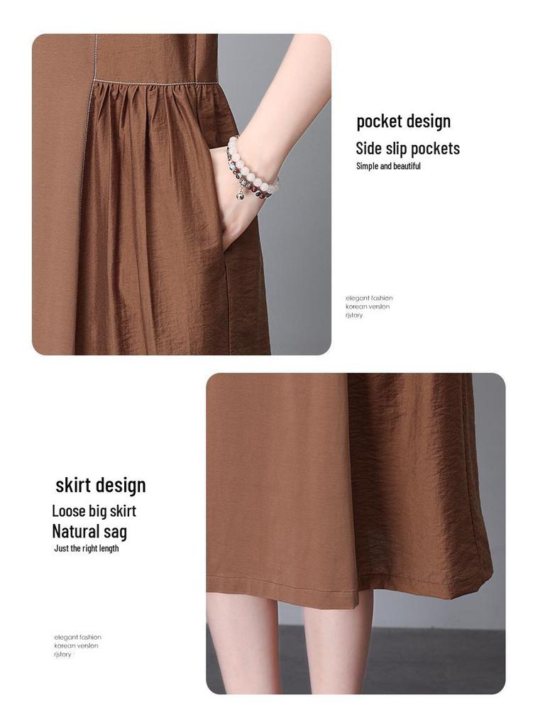 Women's Summer 2025 Pure Cotton Short Sleeve Dress - Loose Fit, Plus Size, Belly-Slimming, Casual for Middle-Aged Moms