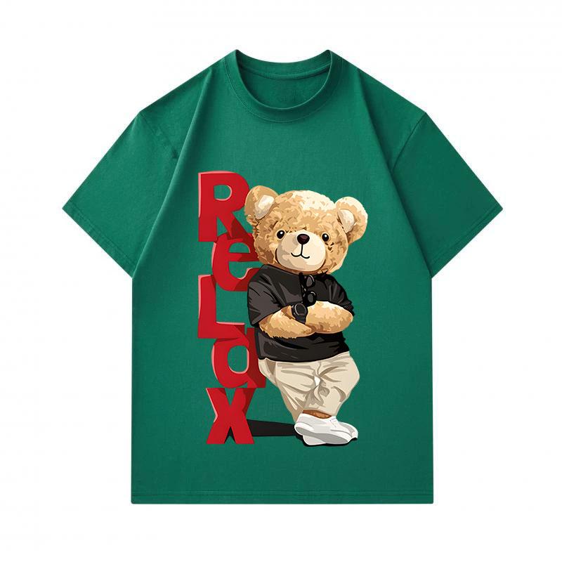 Men's 100% Cotton Crew Neck Short Sleeve T-Shirt, Casual Cute Bear Relax Printed Comfortable Breathable Loose Fit Summer Daily Wear Top for Male