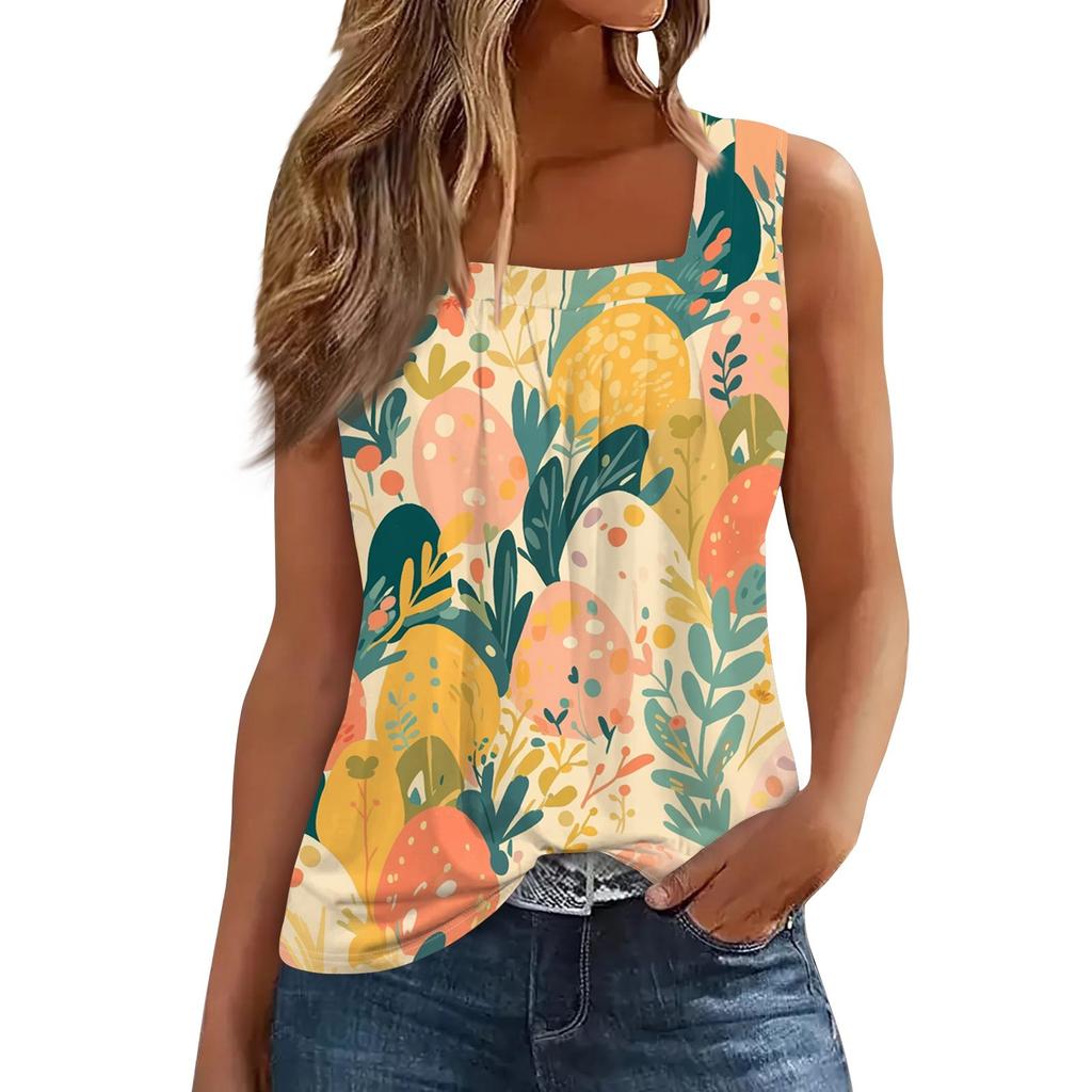 Women's Fashion Casual Pleated Square Collar Sleeveless Vest Print Summer T-shirt