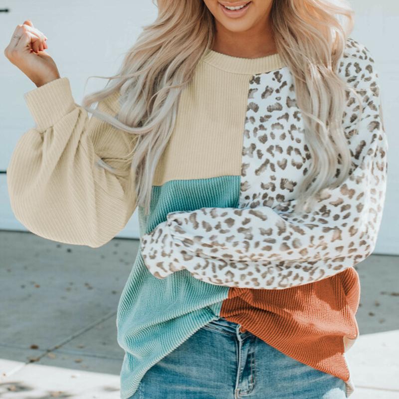 Herbst und Winter Neu Leopard Print Gestricktes Freizeitshirt Damen Langarm Tops Vintage Lockere Bluse für Damen Mode Elegant Damenblusen 25786