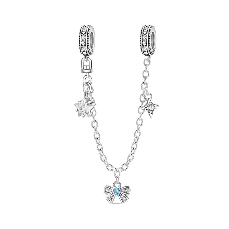 925 Silver Safety Chain Charm Bracelet Set Clover Lock Key Bear Peace Dove Fruit Decoration Beaded Fine Jewelry Gift