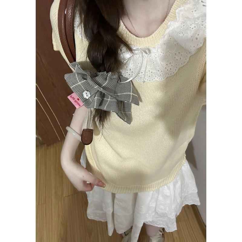 

Молочно-желтый кружевной топ с кружевным бантом женский 2024 весна/лето французский милый маленький молодой вязаный с коротким рукавом Yellow XL recommended 57.50 kg-65.00 kg