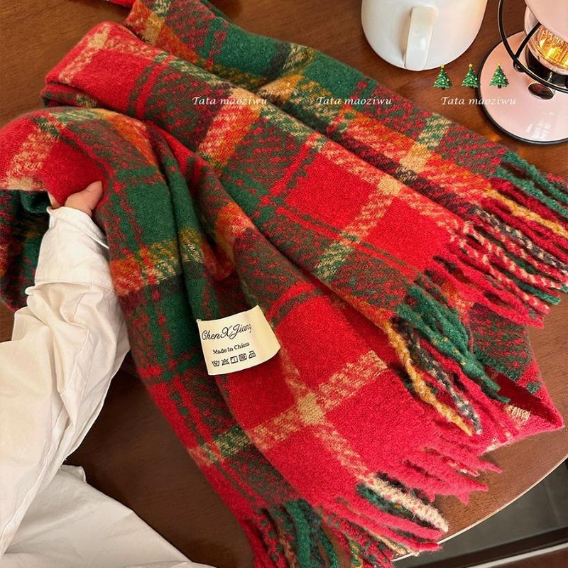 New red fringed plaid scarf winter women's Christmas lengthened thickened warm versatile shawl student scarf tide