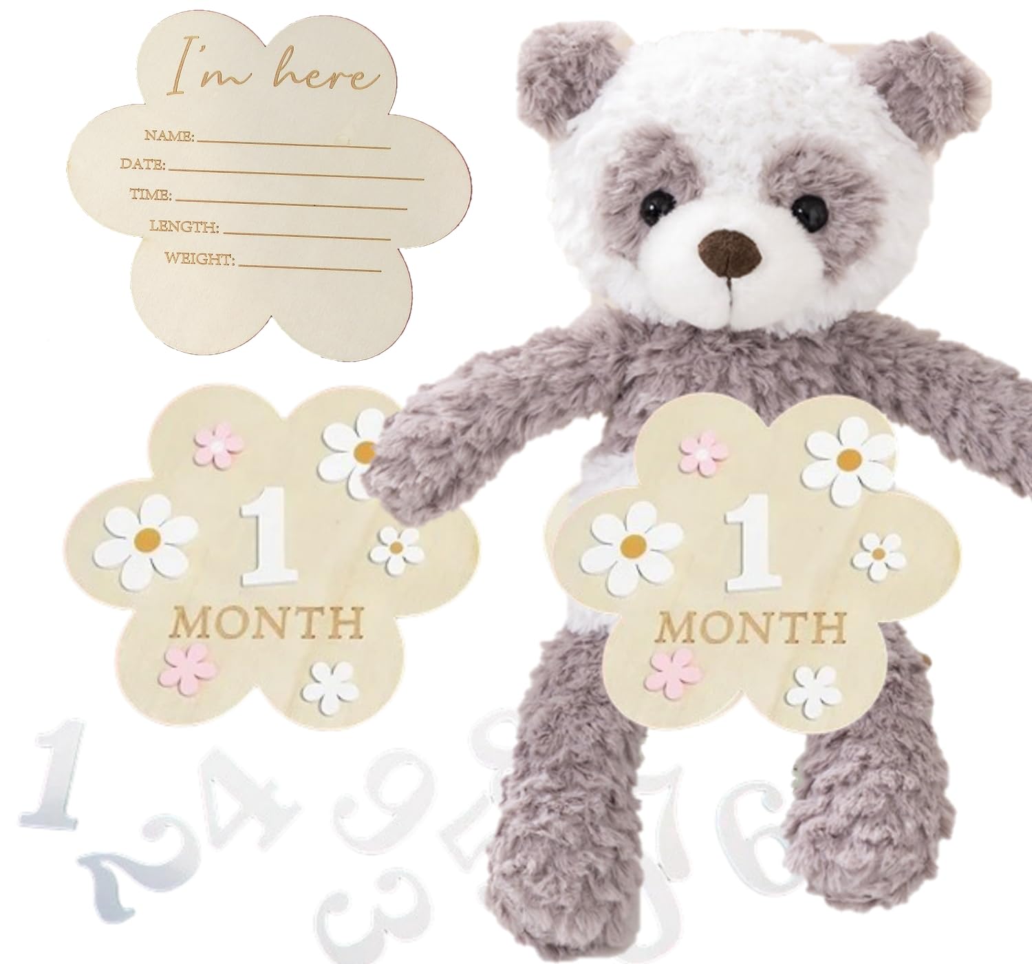

JP-SAKURA [Authentic] First Toy Bear with Photo Set, Perfect for Half Birthdays, 100 Days, and Baby Showers (Panda + Wooden Flower Tag)