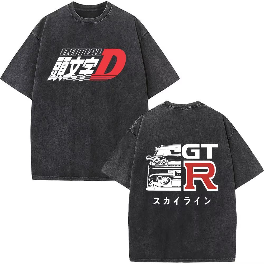 Initial D AE86 JDM Drift T-Shirt Vintage Washed Cotton Graphic Tee Men Unisex Oversized Crew Neck Short Sleeve Retro Streetwear Top Car Merch Gift