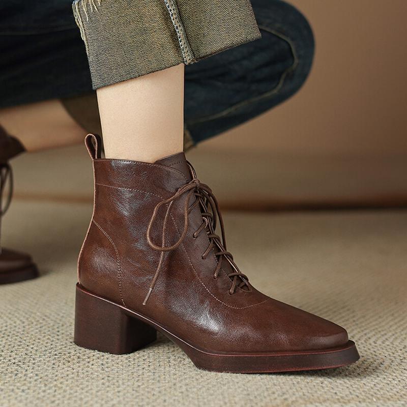 Fashion NEW Autumn/Winter Women Boots Round Toe Chunky Heel Shoes Split Leather Shoes for Women Lace-up Ankle Boots Zipper Modern Boots