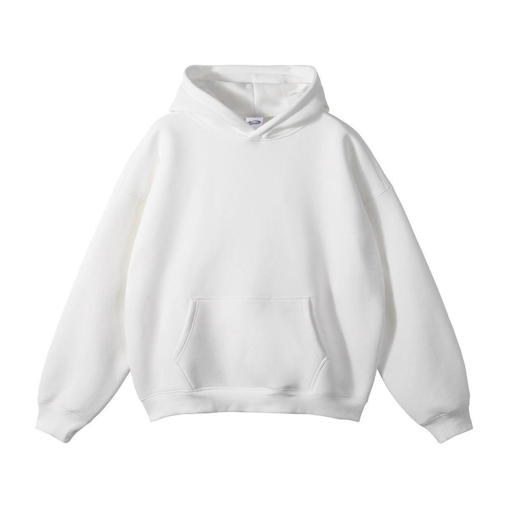 Autumn/Winter Unisex Loose Fleece-Lined Hooded Sweatshirt Jacket with Drop Shoulders - Solid Color Trendy Style in Stock