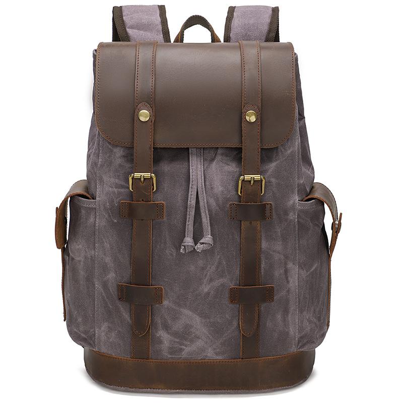 Vintage Crazy Horse Leather Canvas Backpack Large Capacity Waterproof Outdoor Travel Backpack серый