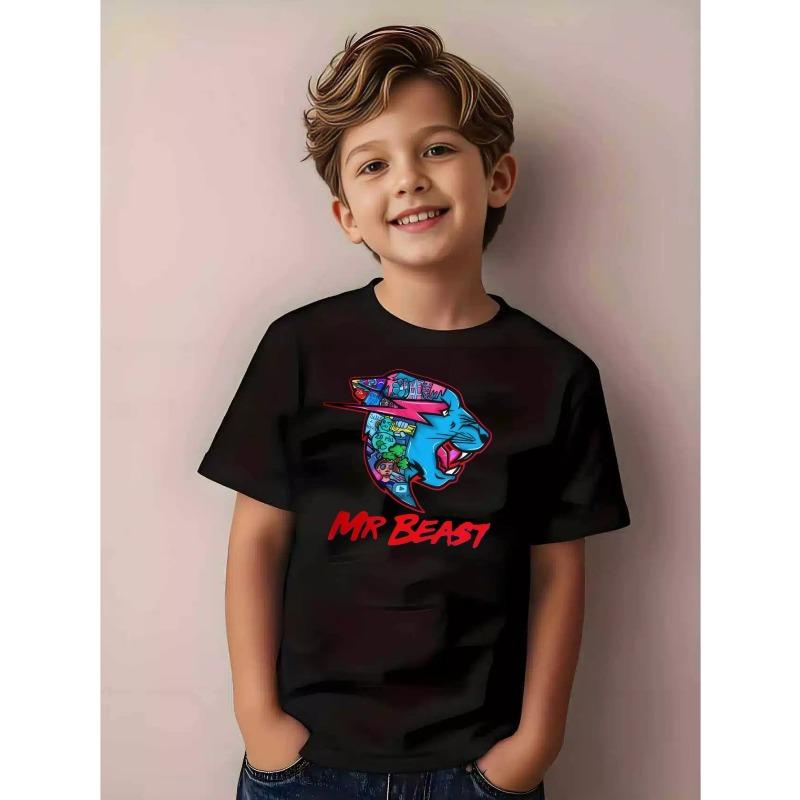 Europäische Größen T-Shirt mit Beast-Print - Kurzarm Rundhals Sommer-Tee, Lässiges Bequemes Oberteil mit Design für Jungen Freizeitkleidung & Fanartikel